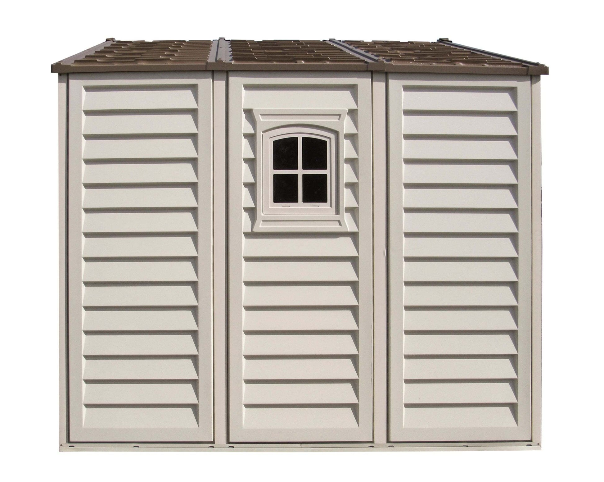 Duramax Vinyl Shed 10.5x8 Woodbridge Plus featuring a side window and durable siding.