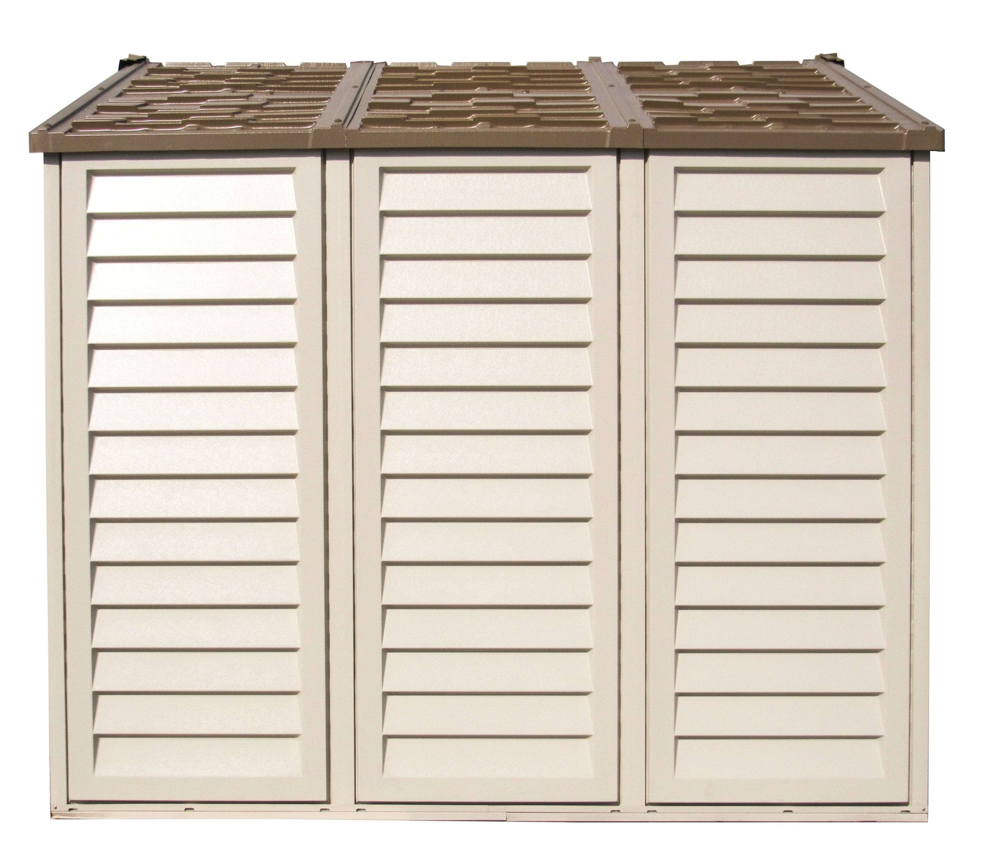 Duramax Vinyl Shed 10.5x8 Woodbridge Plus with foundation, showcasing sturdy exterior and large storage capacity.