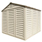 Duramax Vinyl Shed 10.5x8 Woodbridge Plus with foundation in beige color, showcasing its robust design and vented walls.