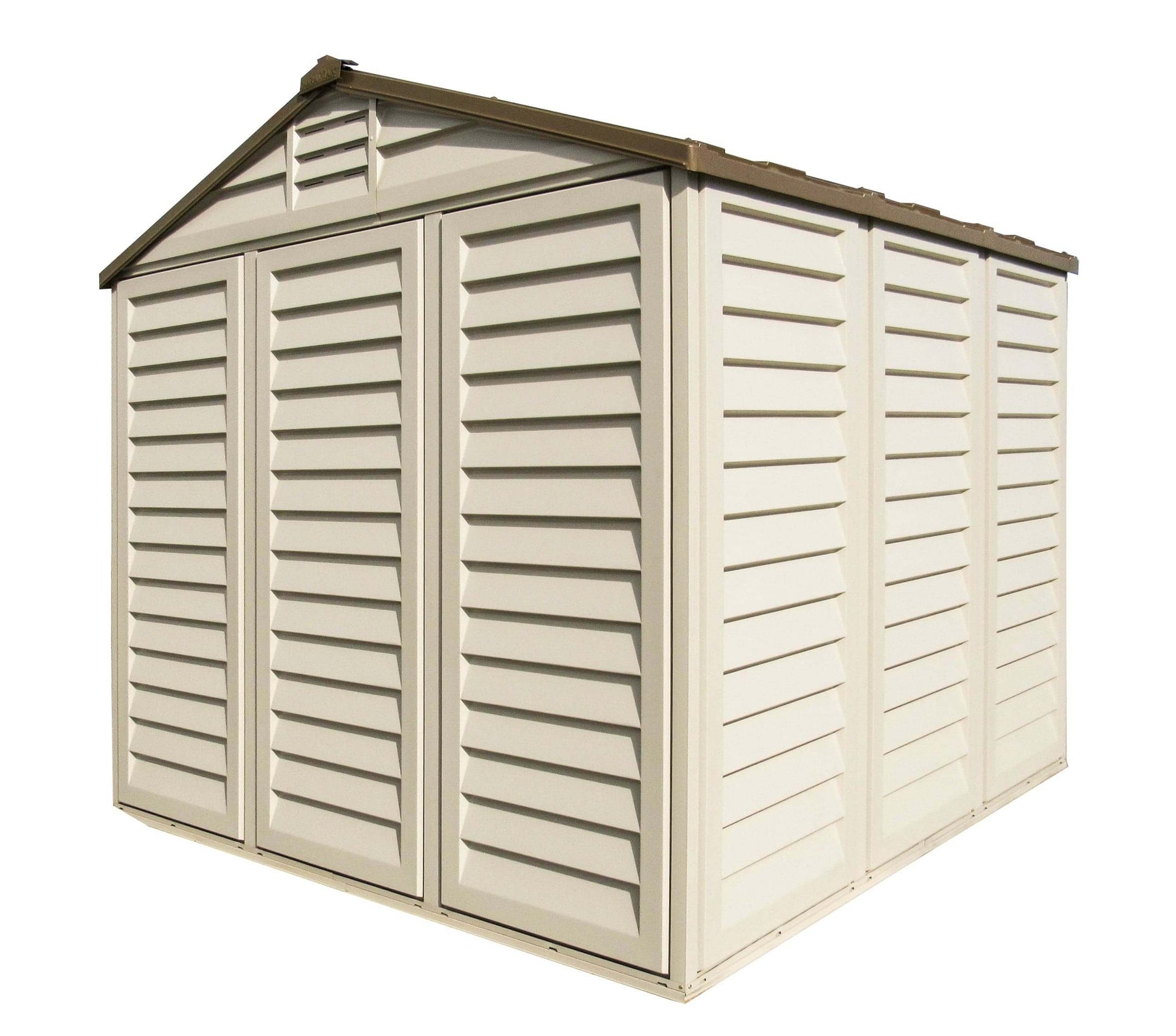 Duramax Vinyl Shed 10.5x8 Woodbridge Plus with foundation in beige color, showcasing its robust design and vented walls.