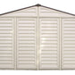 Duramax Vinyl Shed 10.5x8 Woodbridge Plus with foundation, featuring slatted doors and durable design.