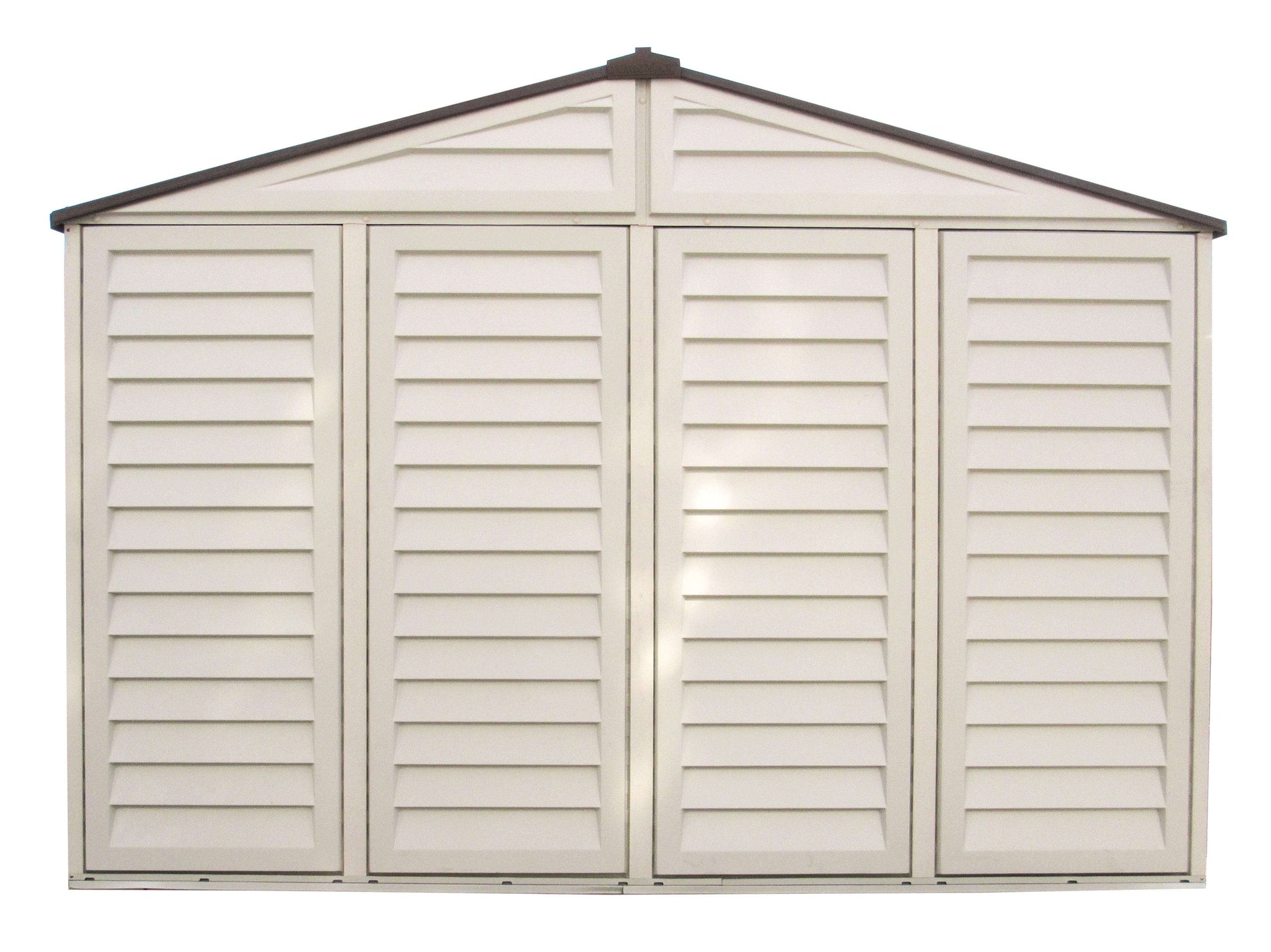 Duramax Vinyl Shed 10.5x8 Woodbridge Plus with foundation, featuring slatted doors and durable design.