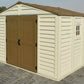 Duramax Vinyl Shed 10.5x8 Woodbridge Plus with foundation, featuring double doors and a window.