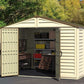 Duramax Vinyl Shed 10.5x8 Woodbridge Plus w/ Foundation showcasing storage space and work area.