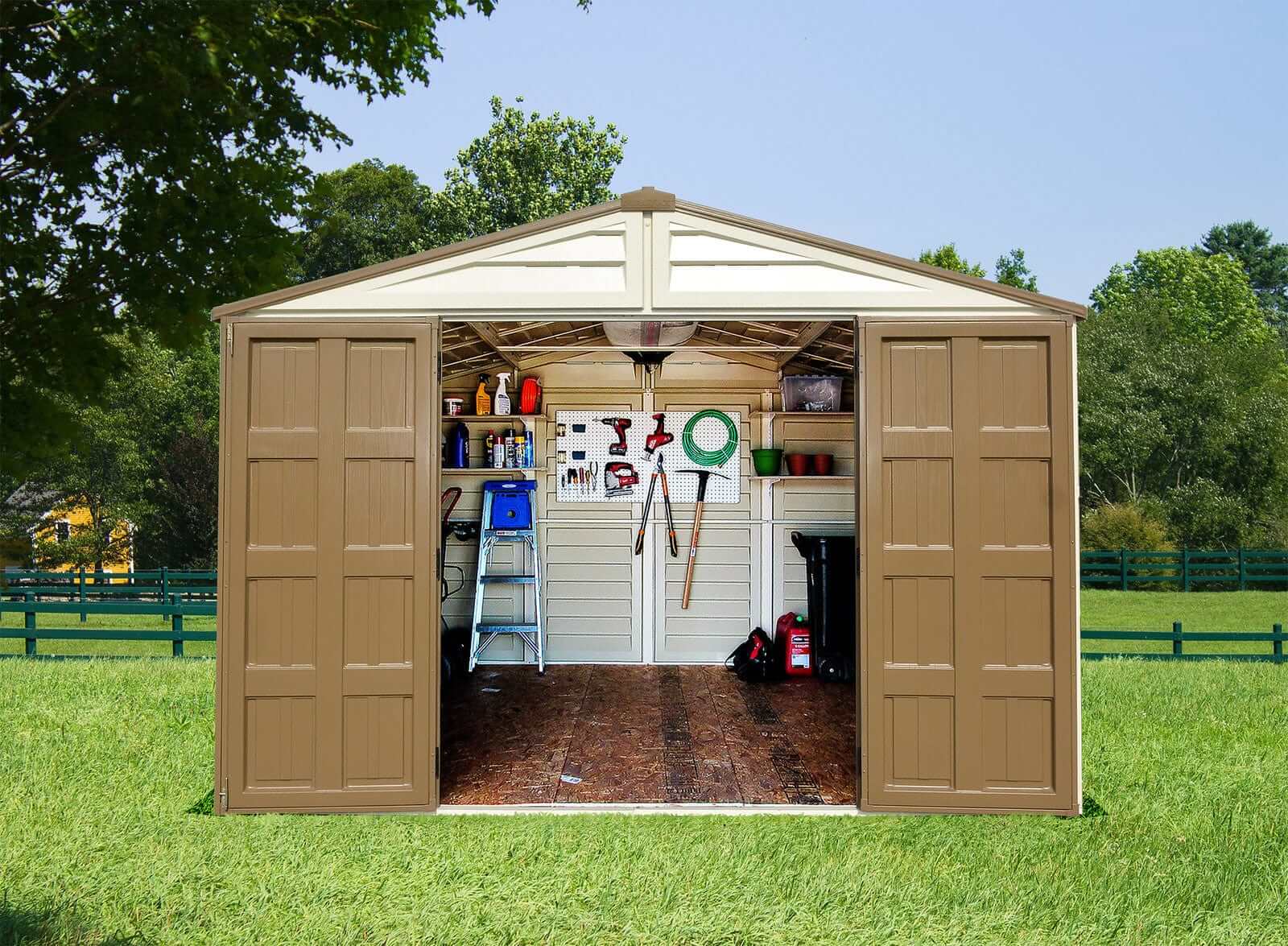 Duramax Vinyl Shed 10.5x8 Woodbridge Plus interior view showcasing storage organization.