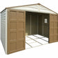 Duramax Vinyl Shed 10.5x8 Woodbridge Plus wood storage shed with open doors and foundation frame.