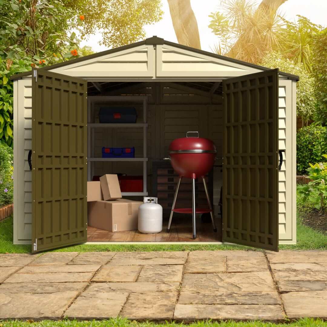 Duramax Vinyl Shed 10.5x8 Woodbridge Plus with foundation, showcasing interior storage and outdoor setting.