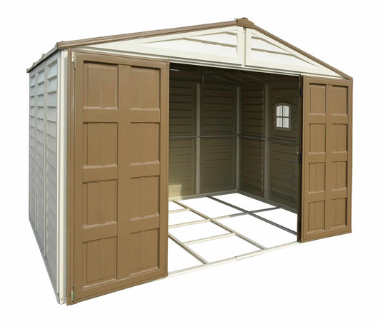 Duramax Vinyl Shed 10.5x8 Woodbridge Plus wood storage shed with open doors and foundation frame.