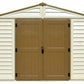 Duramax Vinyl Shed 10.5x8 Woodbridge Plus w/ Foundation, double doors and robust exterior design.