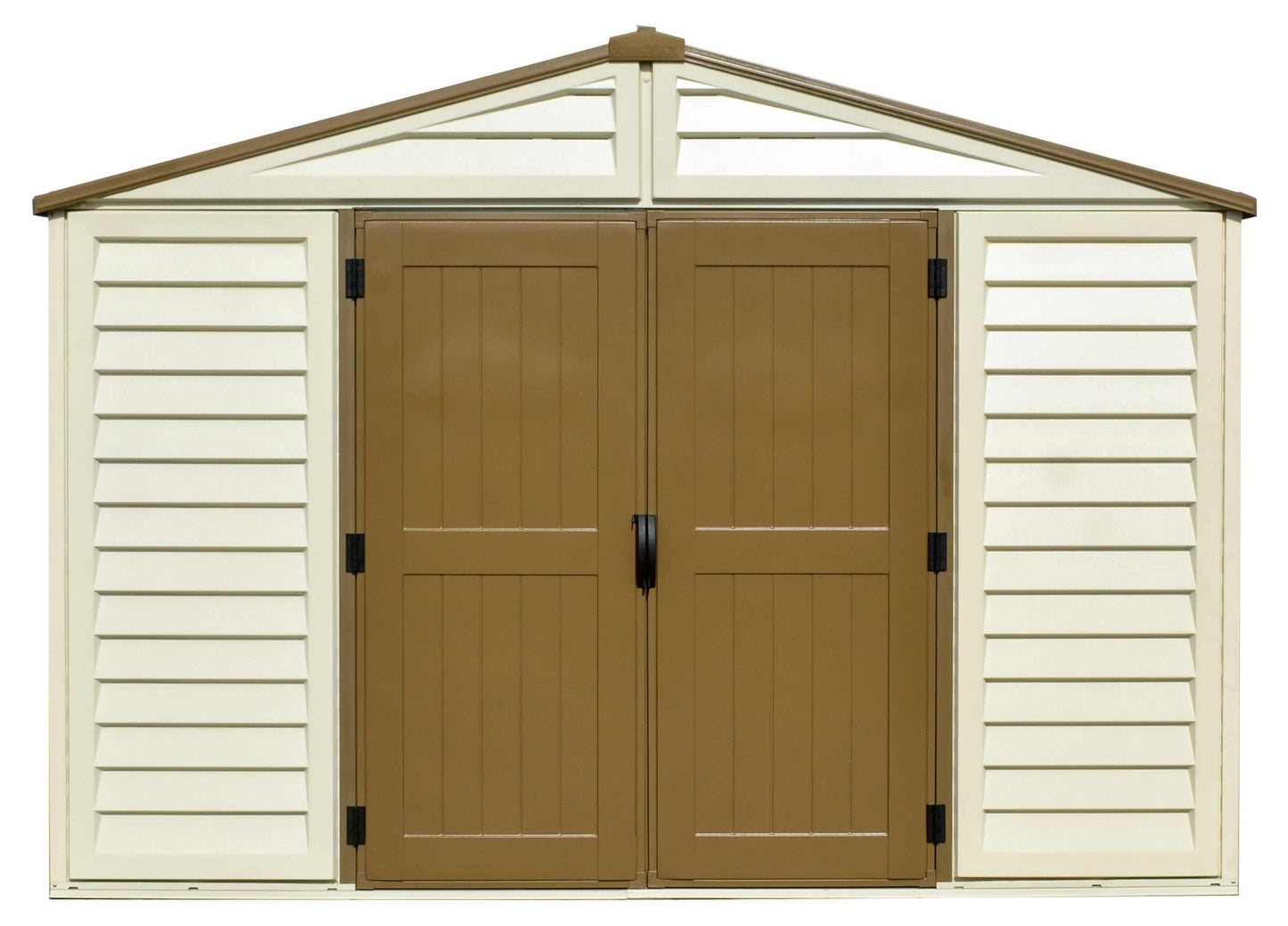 Duramax Vinyl Shed 10.5x8 Woodbridge Plus w/ Foundation, double doors and robust exterior design.