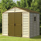 Duramax Vinyl Shed 10.5x8 Woodbridge Plus with foundation, featuring double doors and window in a garden setting.