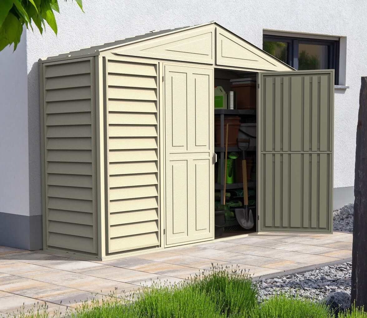 Duramax Vinyl Shed 10x3 SidePro with foundation, featuring open doors and outdoor storage options.