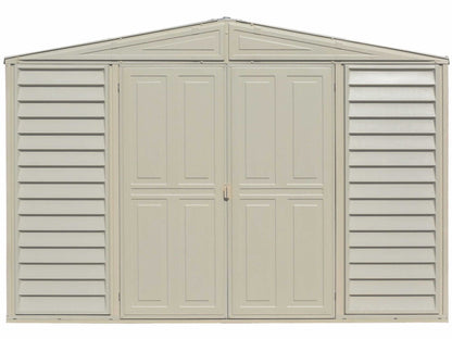 Duramax Vinyl Shed 10x3 SidePro featuring double doors and horizontal siding design.