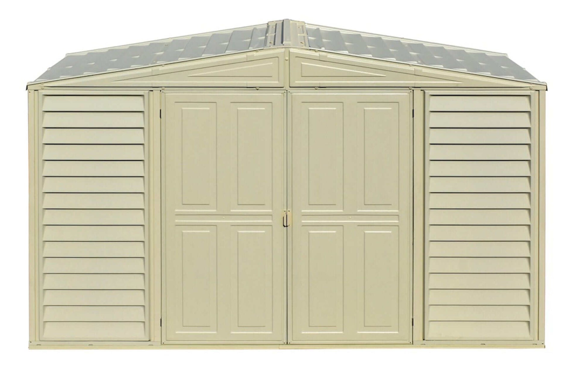 Duramax Vinyl Shed 10x3 SidePro with double doors and sloped roof, ideal for versatile outdoor storage.