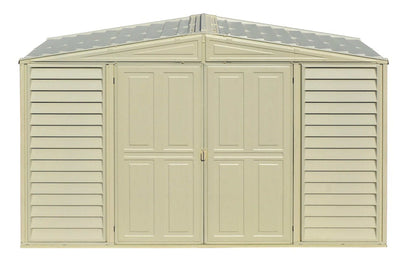 Duramax Vinyl Shed 10x3 SidePro with double doors and sloped roof, ideal for versatile outdoor storage.