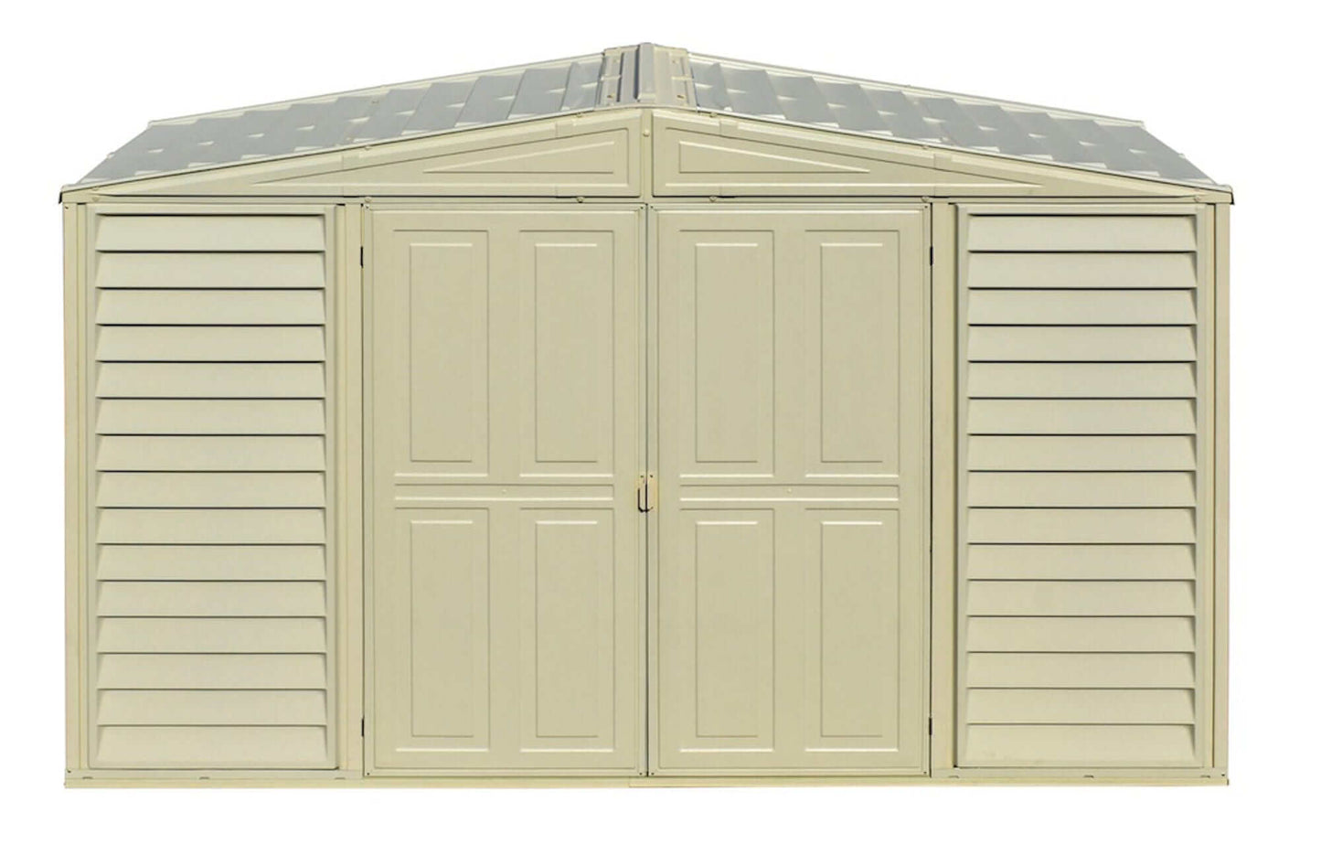 Duramax Vinyl Shed 10x3 SidePro with double doors and sloped roof, ideal for versatile outdoor storage.