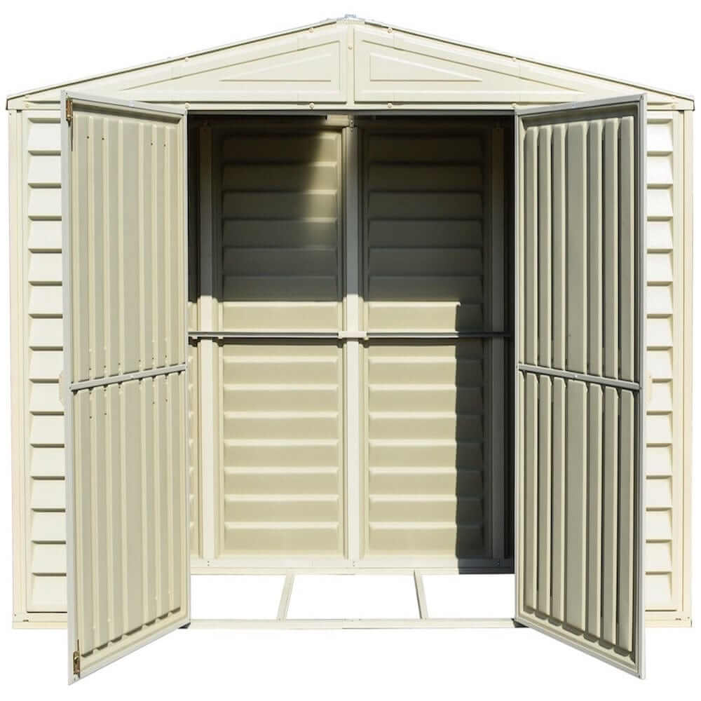 Duramax 10x3 SidePro vinyl shed with double doors open, showcasing spacious interior.