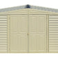 Duramax Vinyl Shed 10x3 SidePro with foundation, featuring dual doors and a sloped roof design.