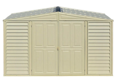Duramax Vinyl Shed 10x3 SidePro with foundation, featuring dual doors and a sloped roof design.