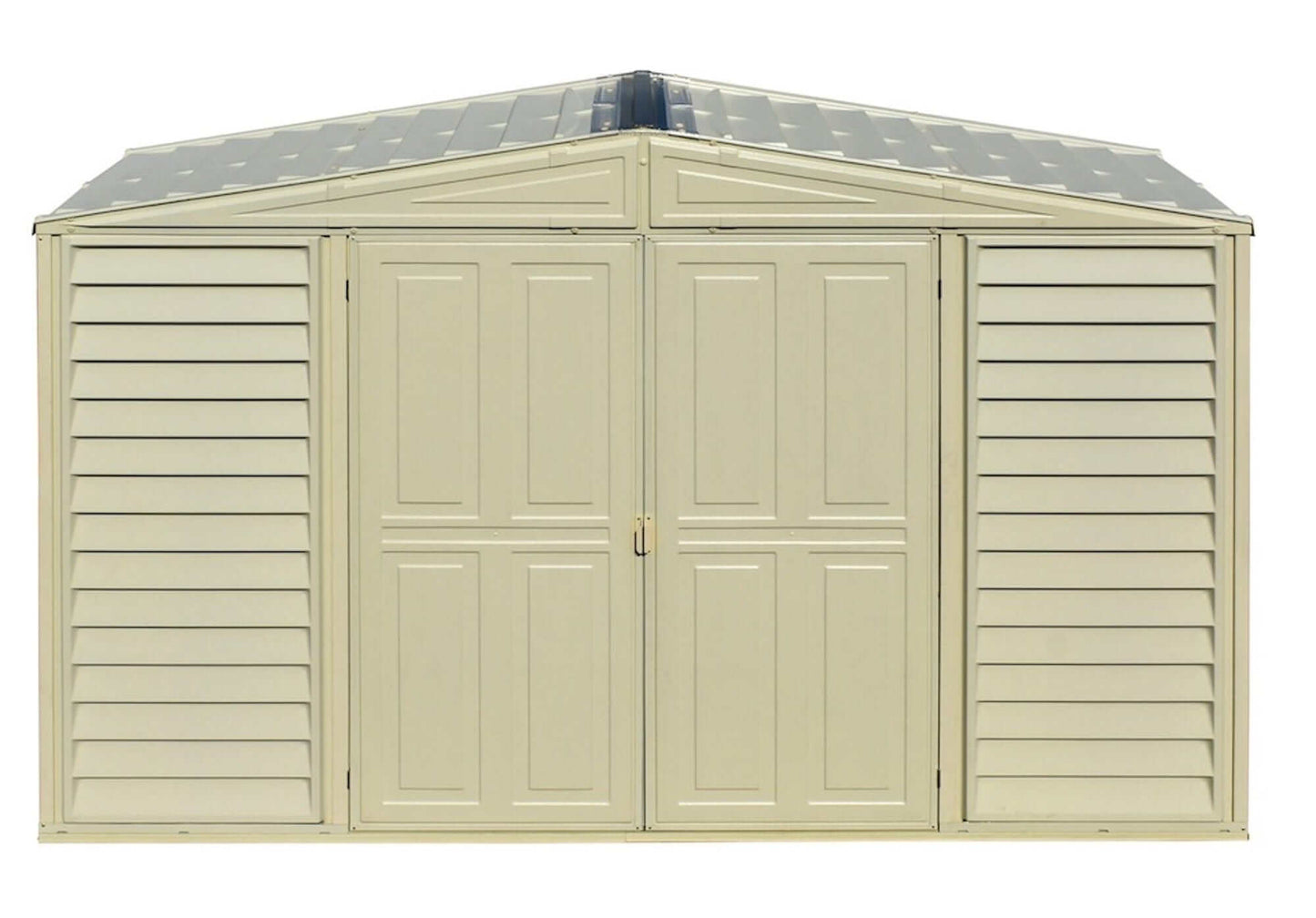 Duramax Vinyl Shed 10x3 SidePro with foundation, featuring dual doors and a sloped roof design.