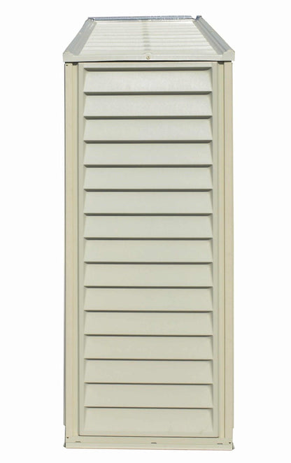 Duramax Vinyl Shed 10x3 SidePro with foundation, featuring a durable design and vertical siding for optimal storage.