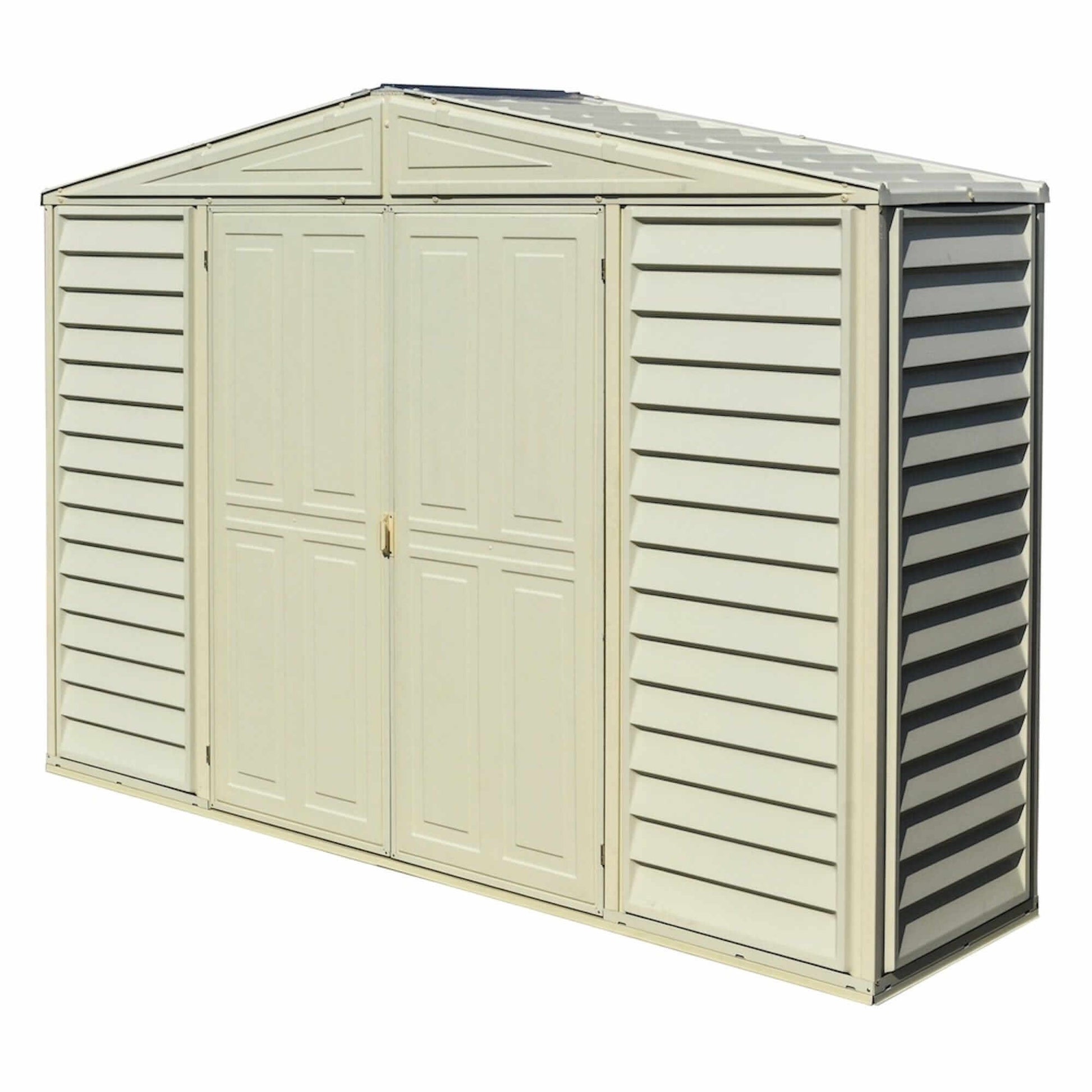 Duramax 10x3 SidePro Vinyl Shed with double doors and sloped roof, ideal for outdoor storage.