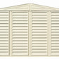 Duramax Vinyl Shed 10x3 SidePro with foundation, featuring a slatted design and a gabled roof.