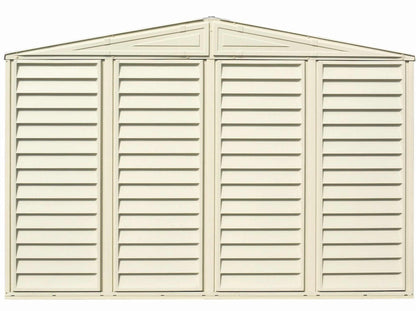 Duramax Vinyl Shed 10x3 SidePro with foundation, featuring a slatted design and a gabled roof.