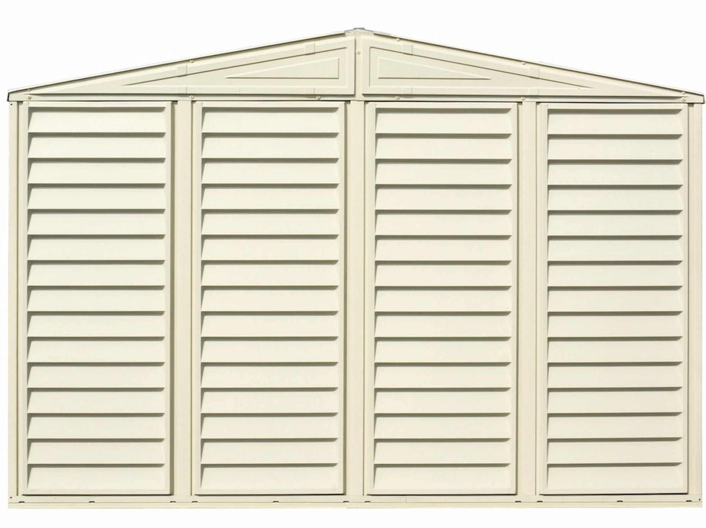 Duramax Vinyl Shed 10x3 SidePro with foundation, featuring a slatted design and a gabled roof.