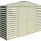 Duramax Vinyl Shed 10x3 SidePro with foundation, featuring double doors and a sleek design.