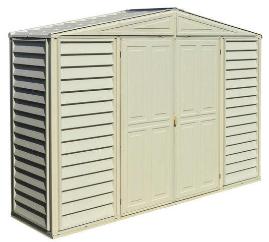 Duramax Vinyl Shed 10x3 SidePro with foundation, featuring double doors and a sleek design. 