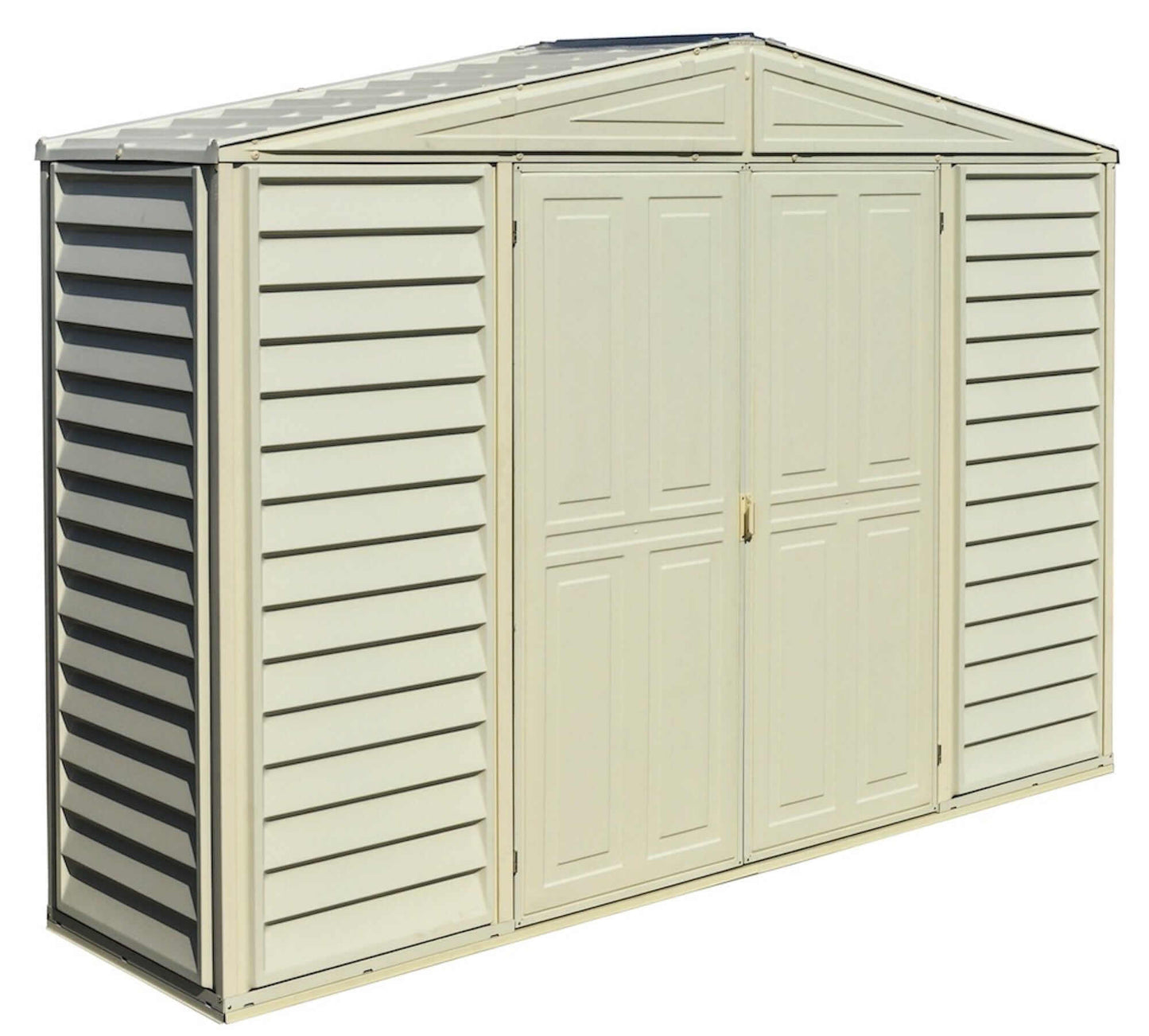 Duramax Vinyl Shed 10x3 SidePro with foundation, featuring double doors and a sleek design.