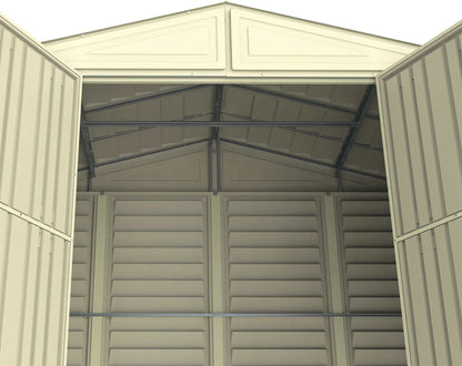 Interior view of Duramax Vinyl Shed 10x5 WoodBridge showing spacious storage capacity and sturdy construction.