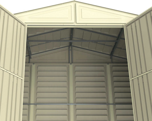 Interior view of Duramax Vinyl Shed 10x5 WoodBridge showing spacious storage capacity and sturdy construction.