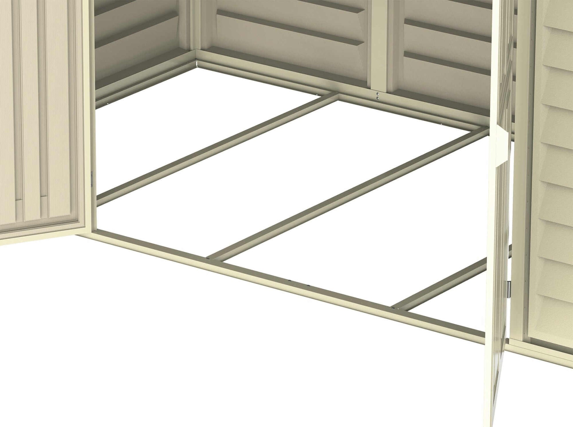 Interior view of Duramax Vinyl Shed 10x5 WoodBridge foundation frame showing sturdy construction.