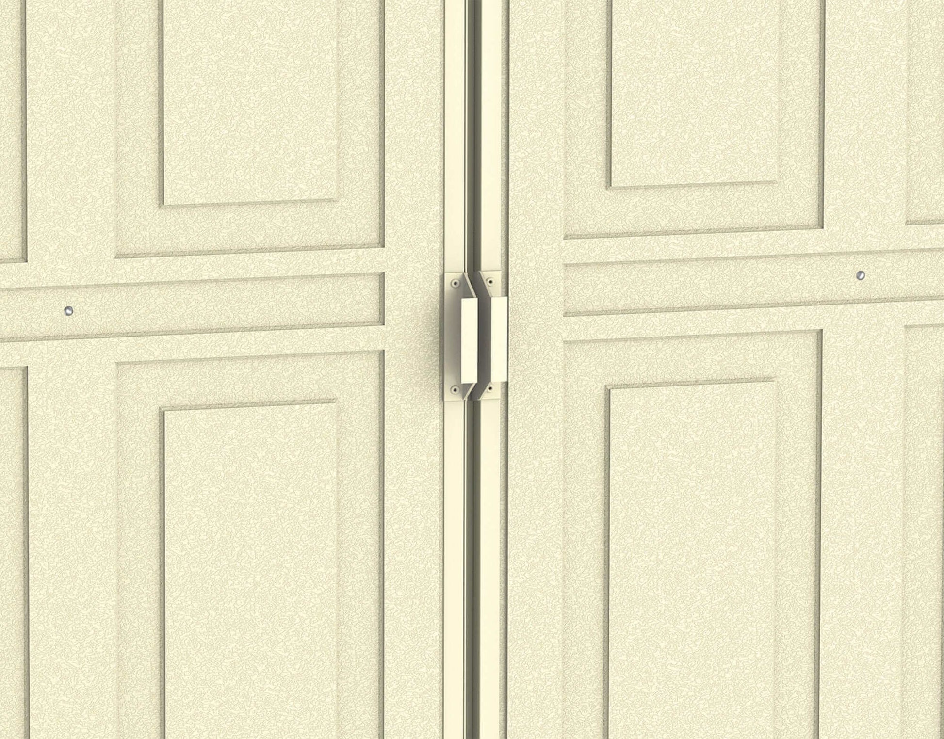 Close-up of the double doors of a Duramax Vinyl Shed, showcasing the textured design and sturdy latch.