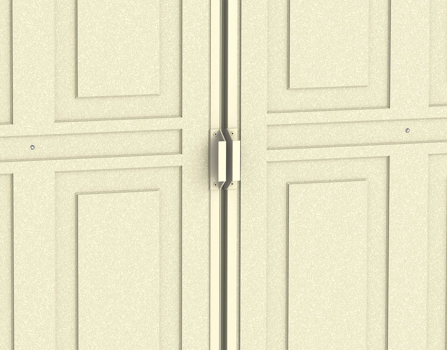 Close-up of the double doors of a Duramax Vinyl Shed, showcasing the textured design and sturdy latch.