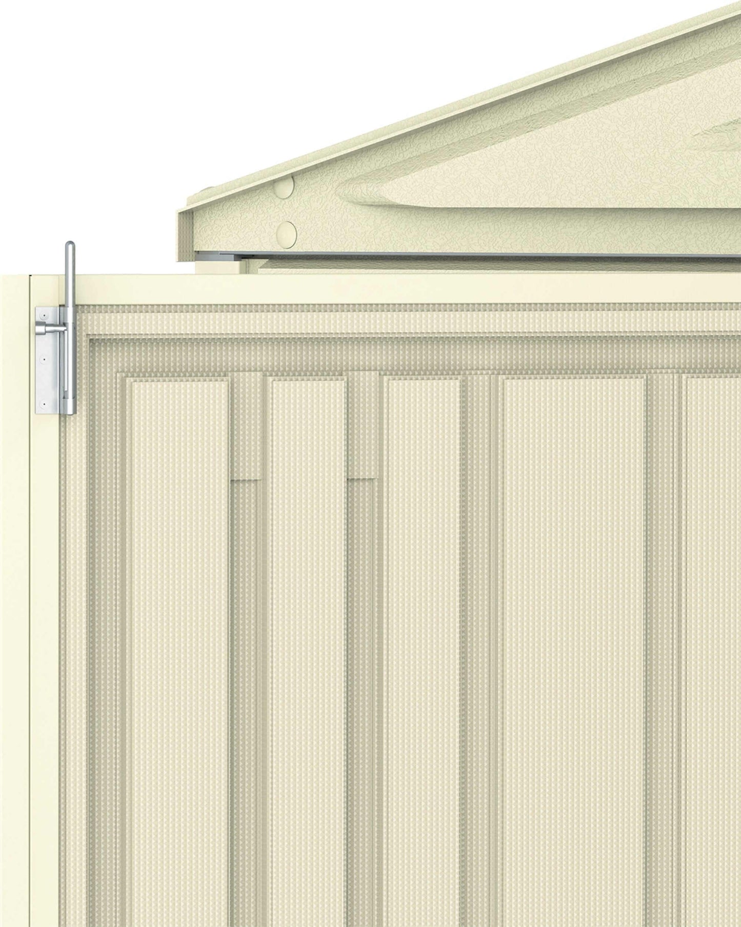 Duramax Vinyl Shed 10x5 WoodBridge detailed view of door and roof design for enhanced storage.