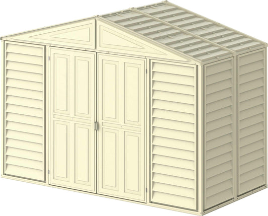 Duramax 10x5 WoodBridge Vinyl Shed with foundation, featuring a stylish design and double doors. 