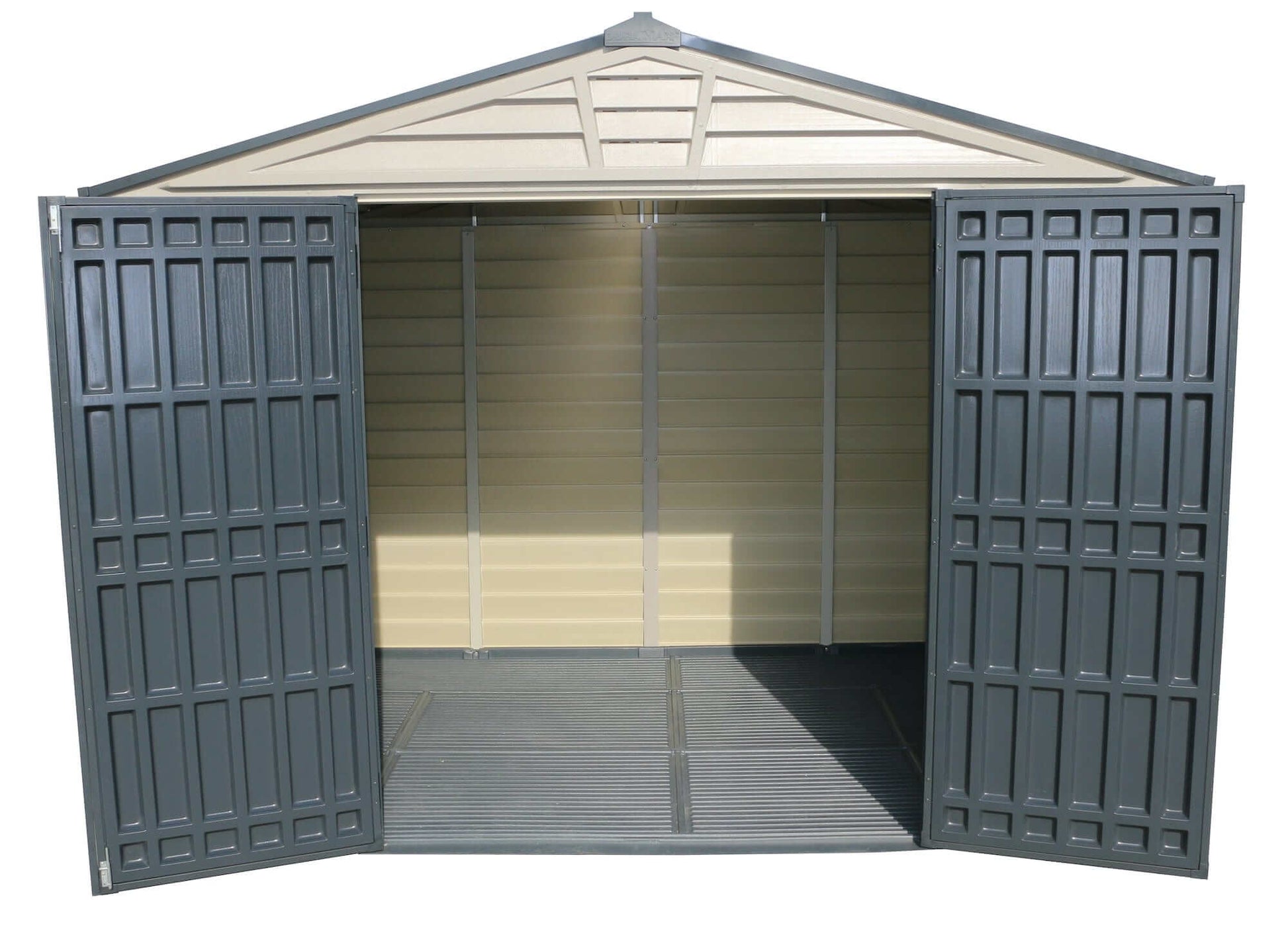 Duramax 10x8 StoreMax Plus vinyl shed interior view with open doors and floor.