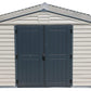 Duramax 10x8 StoreMax Plus Vinyl Shed with double doors and metal roof for secure outdoor storage.