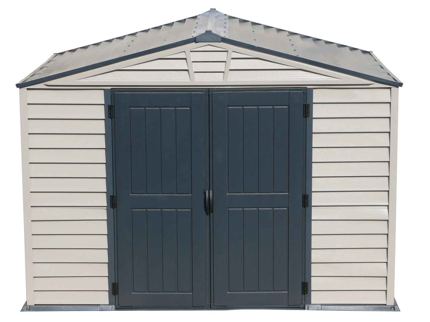 Duramax 10x8 StoreMax Plus Vinyl Shed with double doors and metal roof for secure outdoor storage.