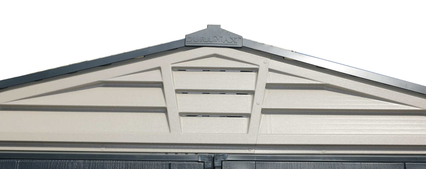 Detail of the roof design of Duramax Vinyl Shed 10x8 StoreMax Plus with ventilation features.