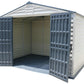 Duramax Vinyl Shed 10x8 StoreMax Plus with open doors showcasing spacious interior and durable floor.