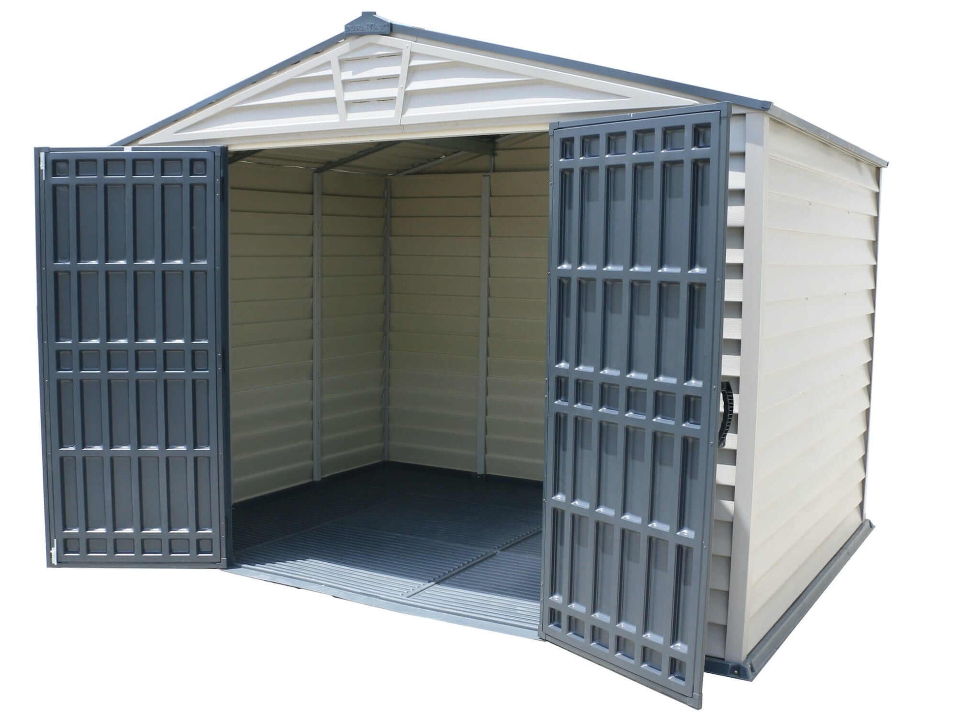 Duramax Vinyl Shed 10x8 StoreMax Plus with open doors showcasing spacious interior and durable floor.