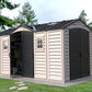 Duramax Vinyl Shed 15 x 8 Apex Pro with foundation in a landscaped yard, showcasing durable storage solution.