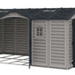 Duramax Vinyl Shed 15 x 8 Apex Pro with open doors, showcasing spacious interior and sturdy design.