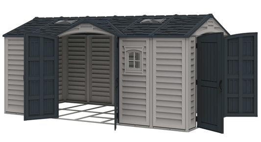 Duramax Vinyl Shed 15 x 8 Apex Pro with open doors, showcasing spacious interior and sturdy design.