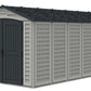 Duramax Vinyl Shed 15 x 8 Apex Pro with foundation, durable storage solution with double doors and sloped roof.