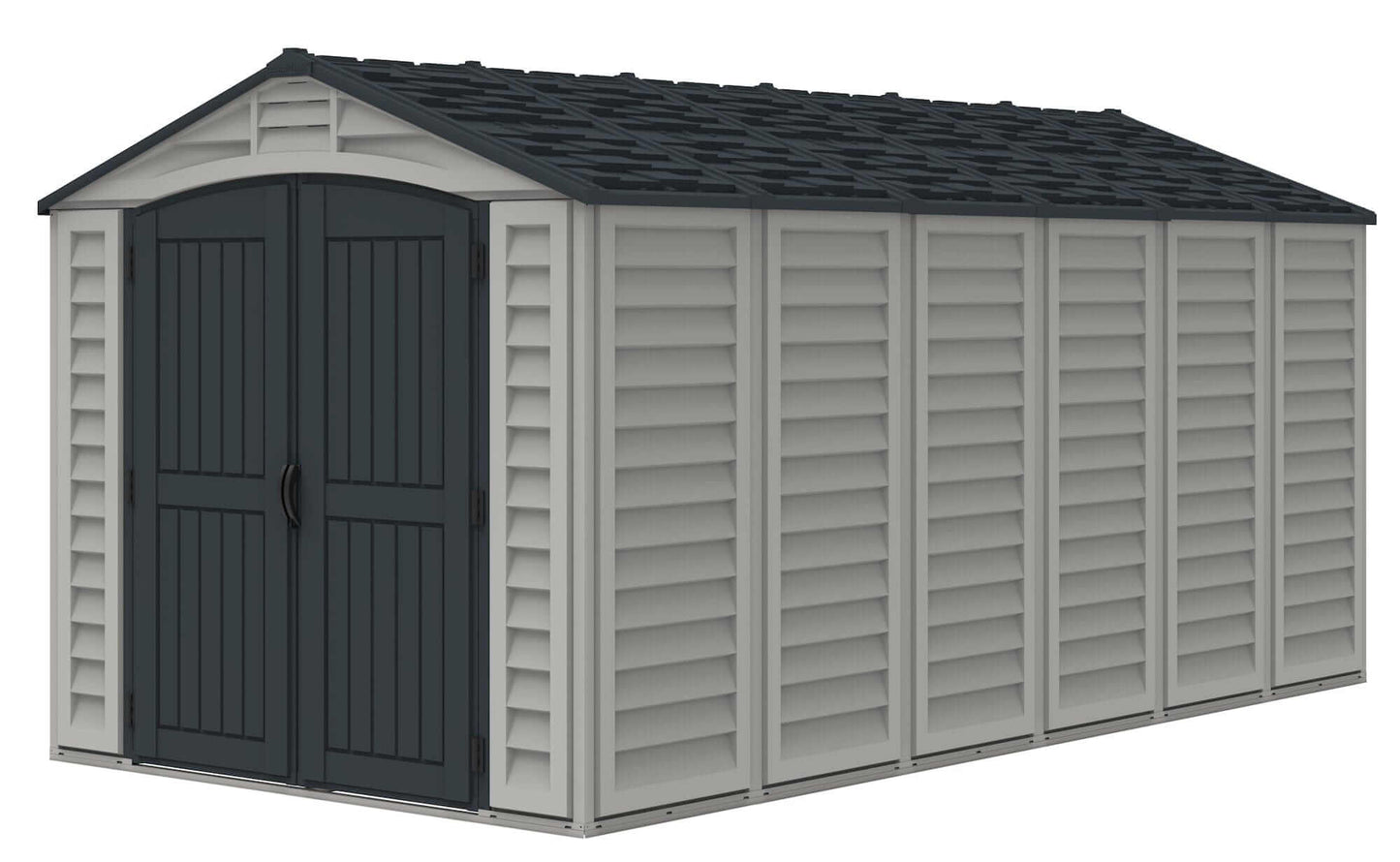 Duramax Vinyl Shed 15 x 8 Apex Pro with foundation, durable storage solution with double doors and sloped roof.